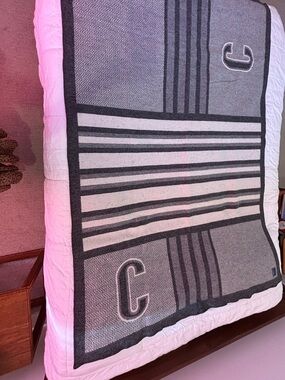Faribault Woolen Mill Co. Monogrammed “C” Gray & Dark Gray Striped Wool Blanket